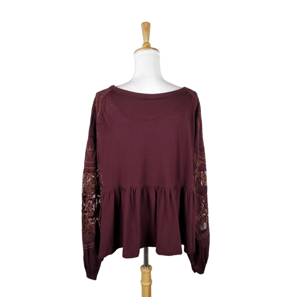 Free People Embroidered Penny Tee Peplum Top In Wine Size Large - Picture 4 of 8